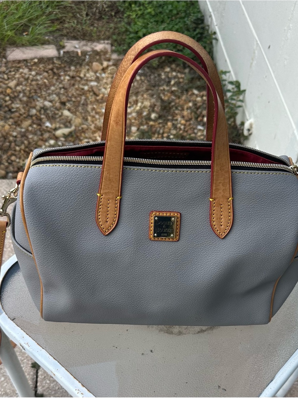Dooney & Bourke Gray Satchel with Tan Handles and Red Trim